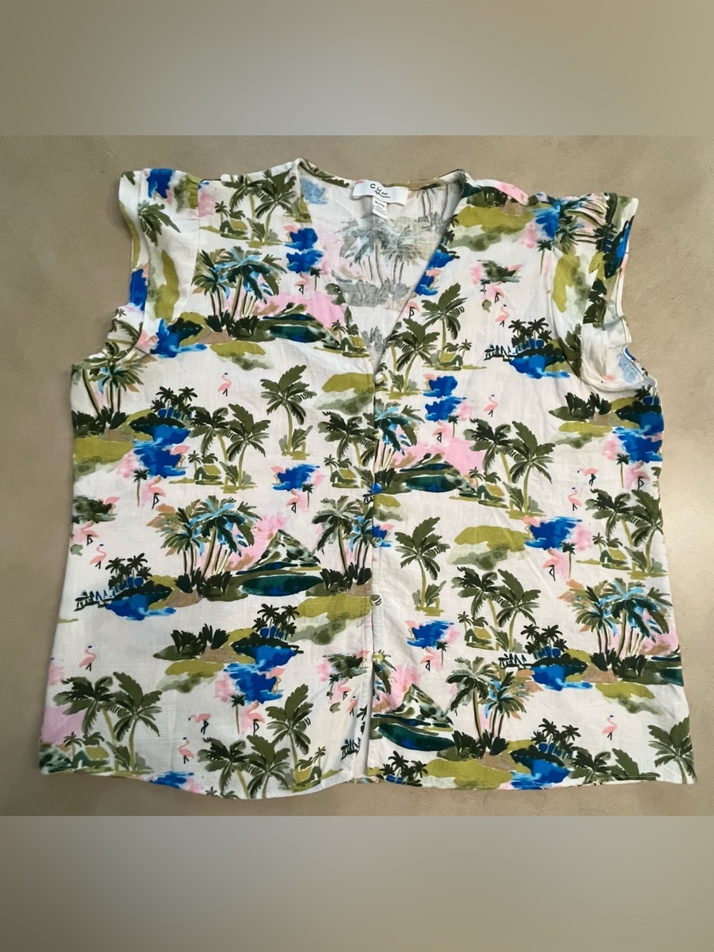 C by one Tropical Print Palm Tree Flamingo Flutter Sleeve button front blouse XL